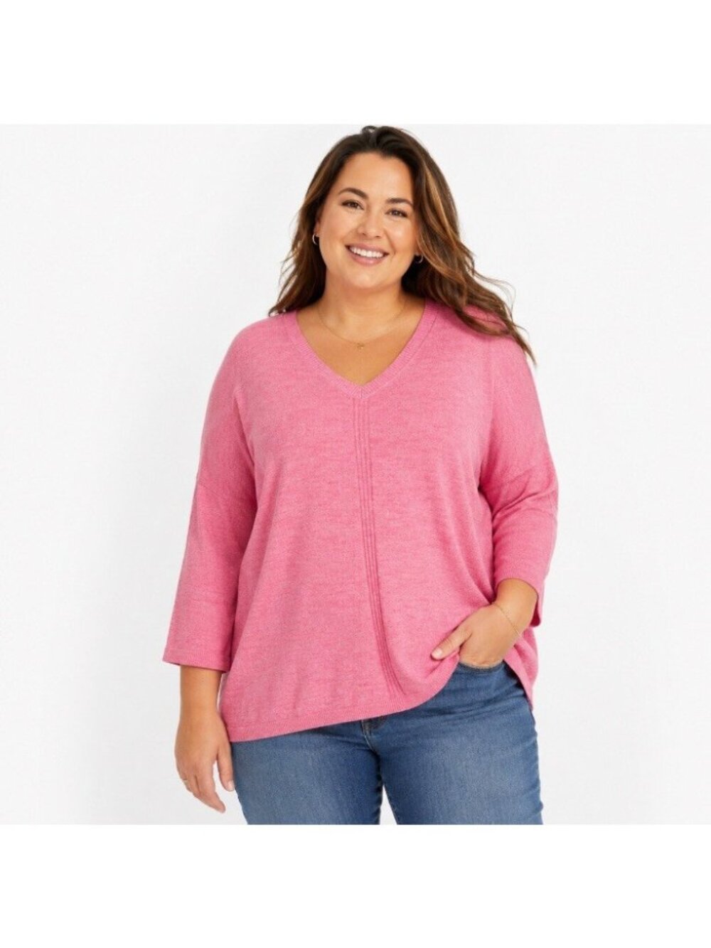 Talbots Knit Top Women 3xp Pink 3/4 Sleeve Dolman Lightweight V Neck Cotton Slit